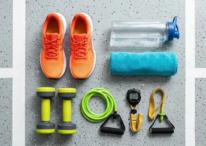 Équipements de fitness, baskets de sport et serviette prêts pour la rentrée sportive dans la salle de sport New Atlantide à Limoges.